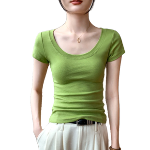 纯棉u领短袖t恤女2025夏季新款露锁骨大领口收腰显瘦果绿色上衣