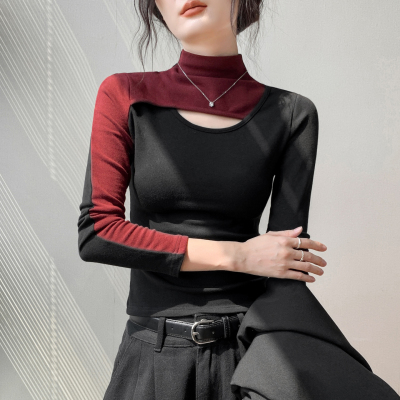 内磨毛半高领拼色毛衣长袖T恤女