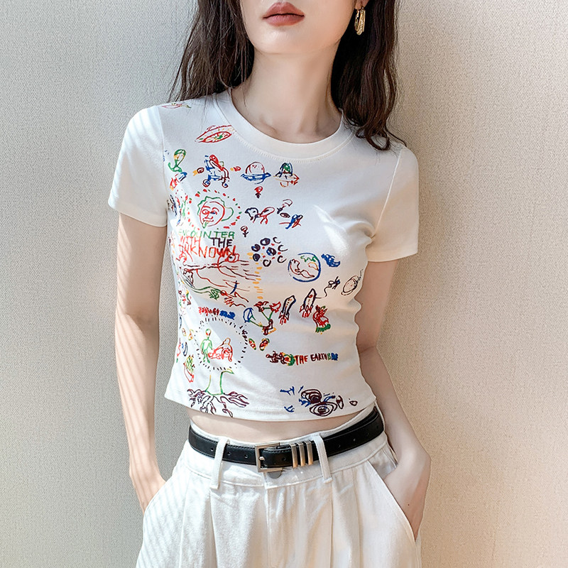 印花多巴胺穿搭圆领短袖T恤女图片