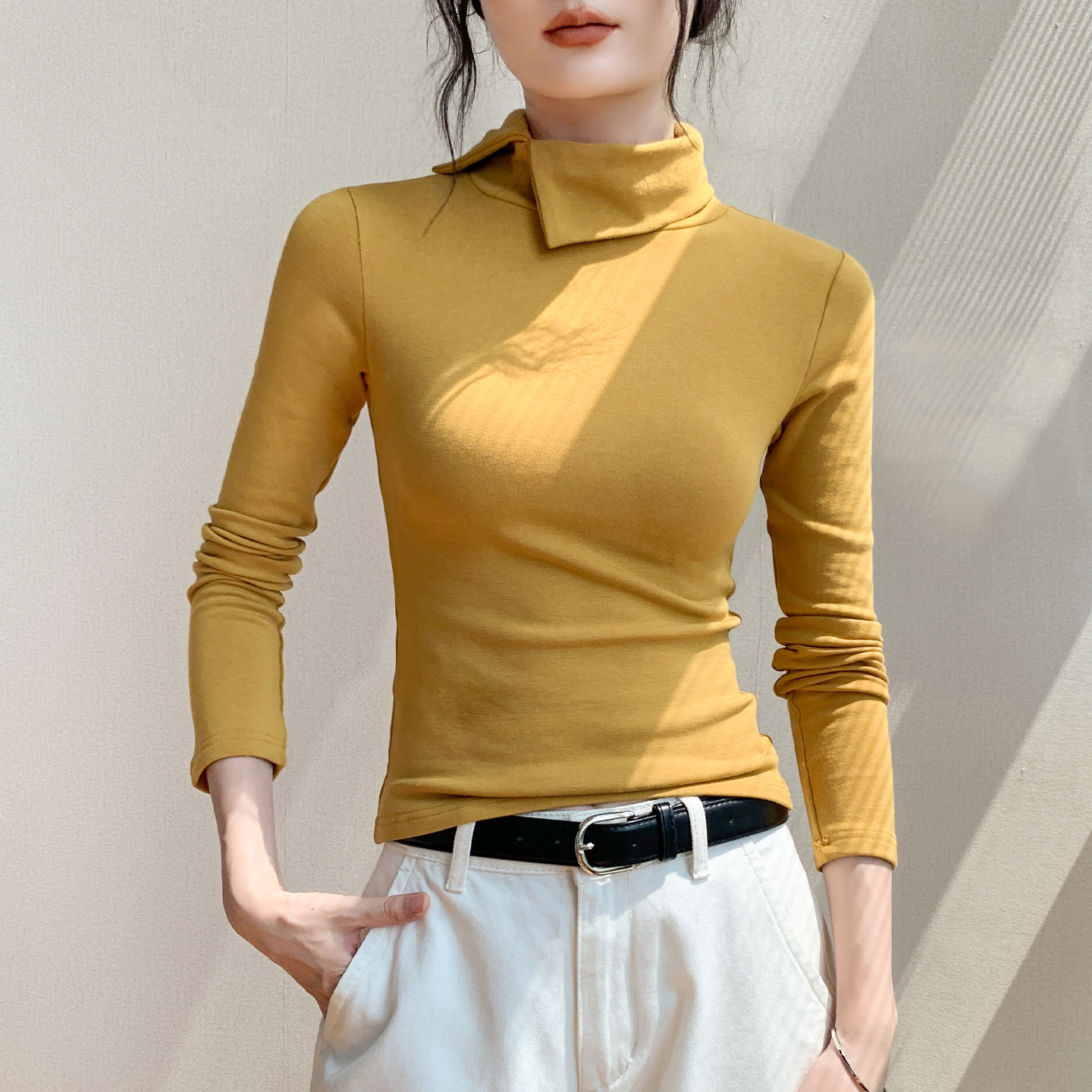 法式修身内磨毛Polo领长袖T恤女