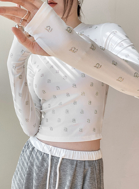 烫钻套手指长袖t恤女2025春新款圆领正肩修身带钻白色内搭打底衫