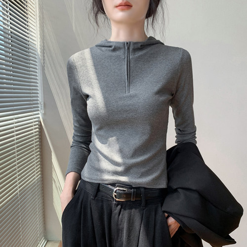 韩版连帽拉链长袖上衣T恤女卫衣