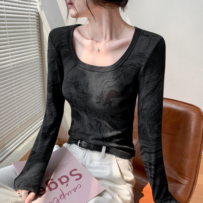 修身方领扎染长袖T恤女秋季