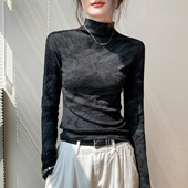 T恤女秋季 新款 外穿上衣时尚 半高领扎染ins正肩长袖 别致内搭打底衫