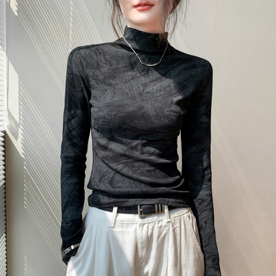 时尚半高领扎染ins正肩长袖T恤女