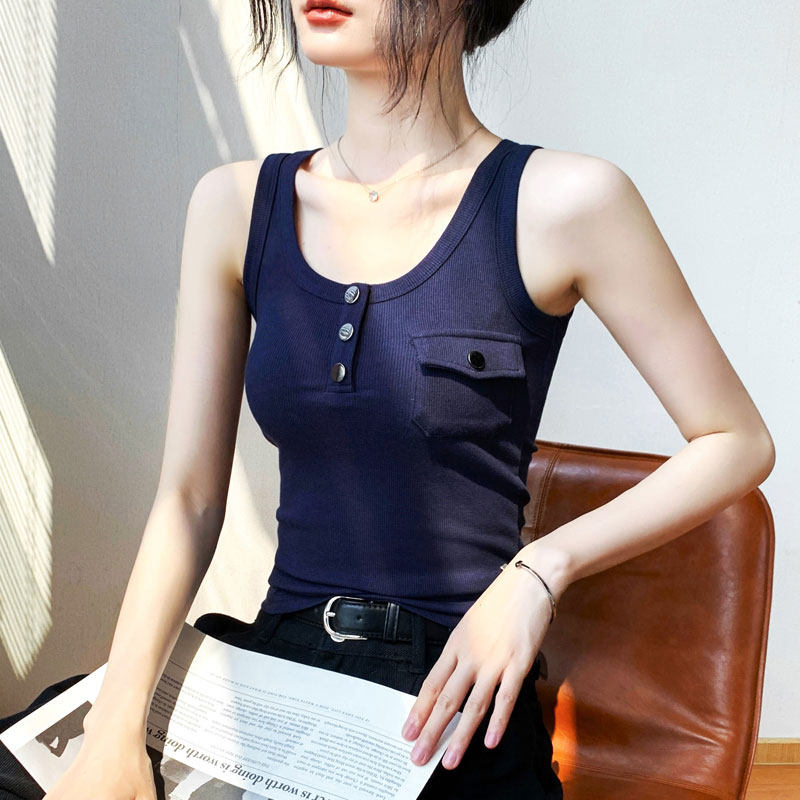 黑色纽扣吊带上衣女夏外穿2025新款修身显瘦辣妹衬衫内搭无袖上衣