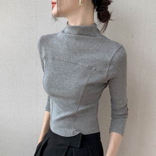 显瘦内搭设计感小众正肩打底衫 修身 T恤女202春季 半高领拼接长袖