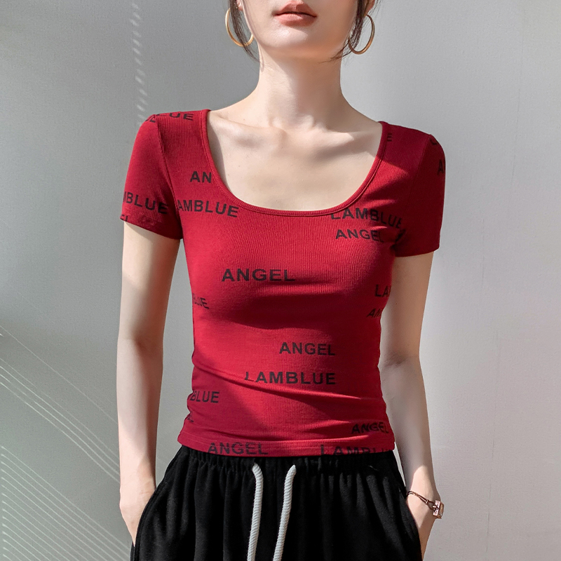美式纯欲风短袖修身正肩T恤女