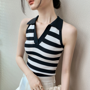 条纹吊带背心女夏季洋气修身美式挂脖翻领漏锁骨性感无袖上衣薄款