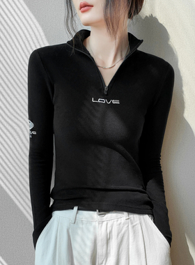 德绒套手指内搭打底衫女2025秋冬黑色修身拉链半高领外穿长袖T恤