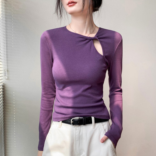 扭结设计感镂空圆领长袖T恤女