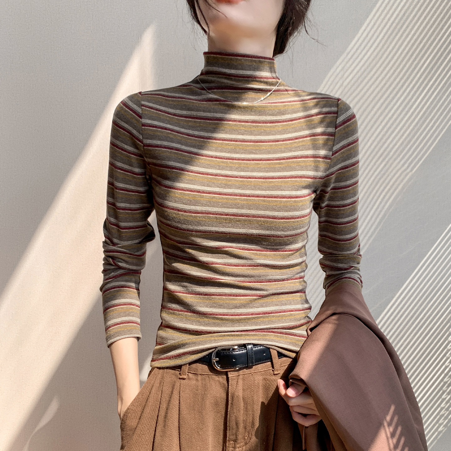 半高领毛衣条纹长袖女洋气T恤