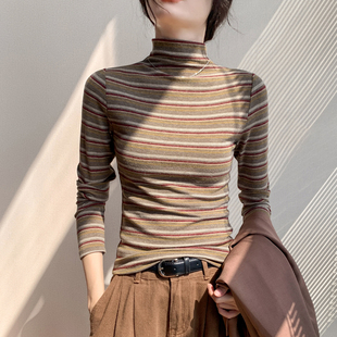 半高领条纹长袖T恤女2025秋冬季新款上衣洋气针织毛衣内搭打底衫