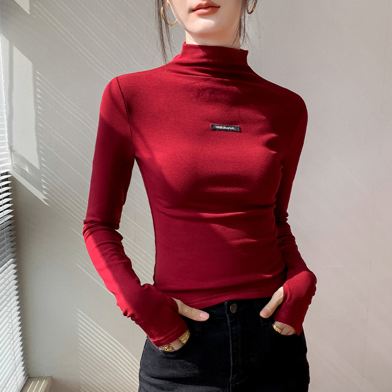 半高领指套长袖T恤女2025春季