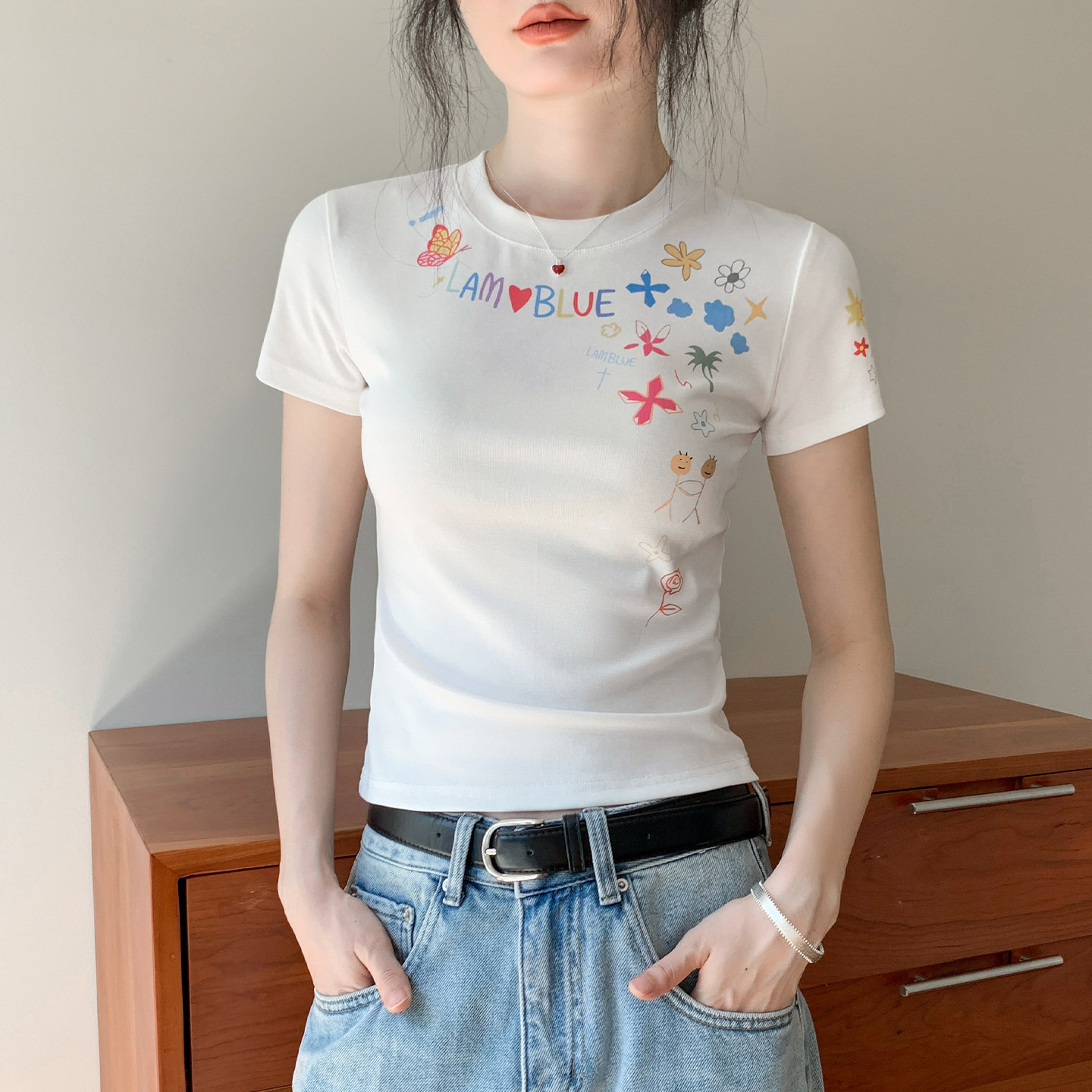 歌倍尚圆领印花短袖T恤女2026夏季新款多巴胺穿搭小清新修身上衣