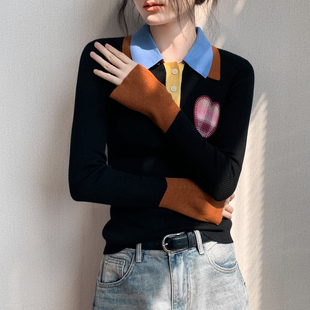 上衣气质内搭打底衫 韩系撞色Polo领长袖 毛衣修身 女2025新款 针织衫