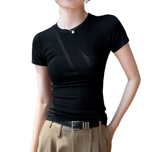 小圆领简约短袖T恤女2026夏新款紧身显瘦纯色百搭正肩薄款上衣潮