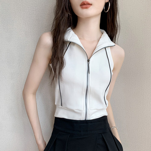 翻领拉链款纯棉别致无袖背心女