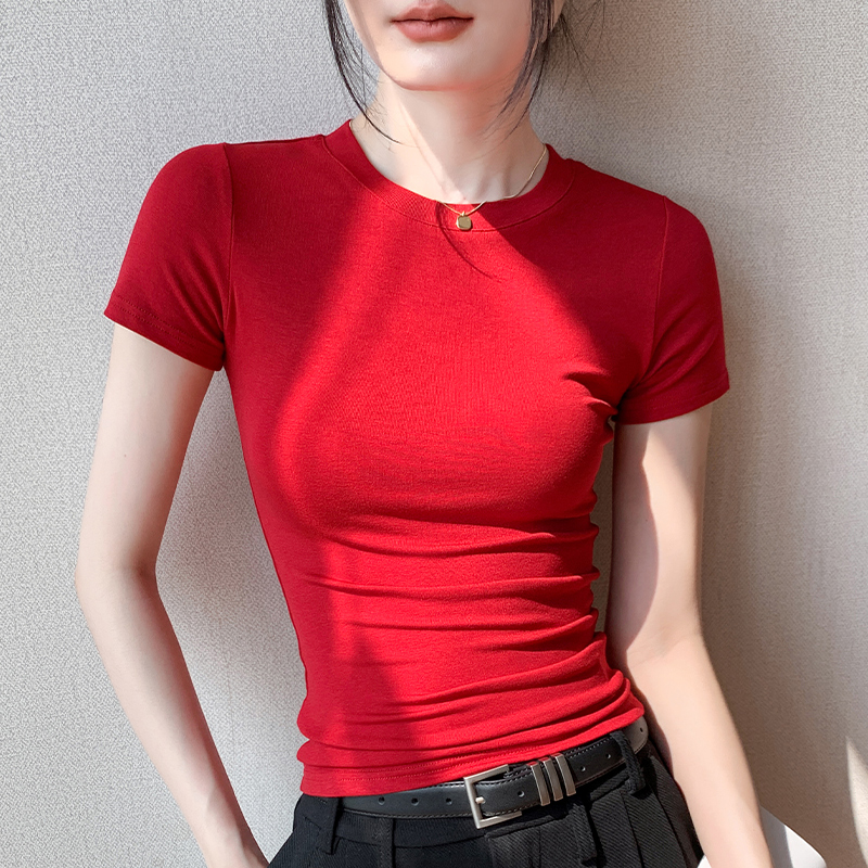 红色圆领T恤女2024夏季修身显瘦吸汗透气正肩衬衫内搭短袖打底衫-封面