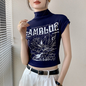 歌倍尚半高领无袖 内搭上衣坎肩印花打底衫 T恤女2025早秋新品 西装