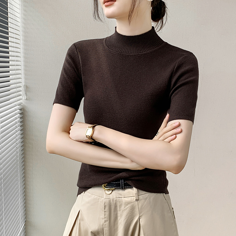 半高领短袖打底衫女2023秋冬美拉德穿搭正肩修身羊毛内搭针织衫
