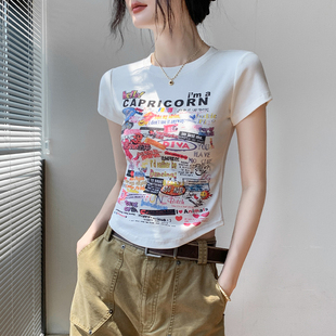 修身 美式 新款 涂鸦印花圆领短袖 显瘦正肩辣妹上衣女 T恤女2025夏季
