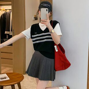 撞色条纹短袖假两件针织衫女2026春季新款设计感T恤上衣时尚洋气