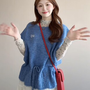 温柔2026慵懒蓝色韩系上衣坎肩针织衫背心马甲套头毛衣女春宽松女