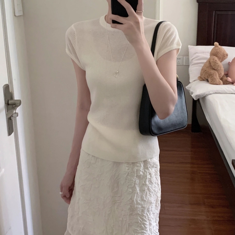 韩系白色冰丝针织衫小飞袖t恤女夏季短款独特漂亮设计感小众上衣
