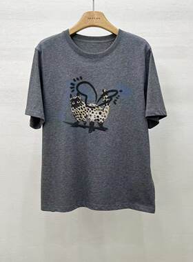 春夏简约纯棉波点豹纹猫T恤