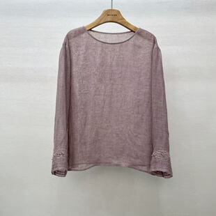 套头女衬衫 优雅气质廓形花纱亚麻长袖 上衣 老钱风真丝衬衫 26春法式