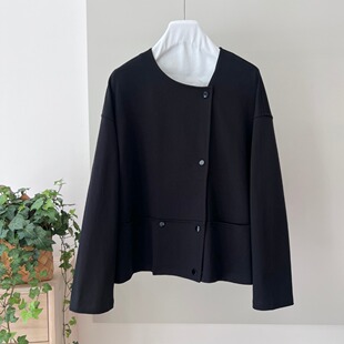 宽松精梳棉休闲短款 气质女装 无领简约短外套 新品 2024年秋季
