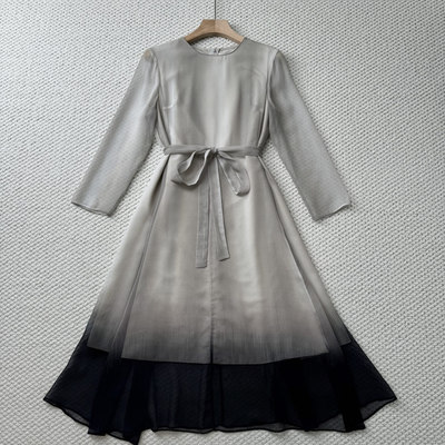 春夏季新款女装气质圆领长袖A字渐变收腰系带条纹真丝长款连衣裙