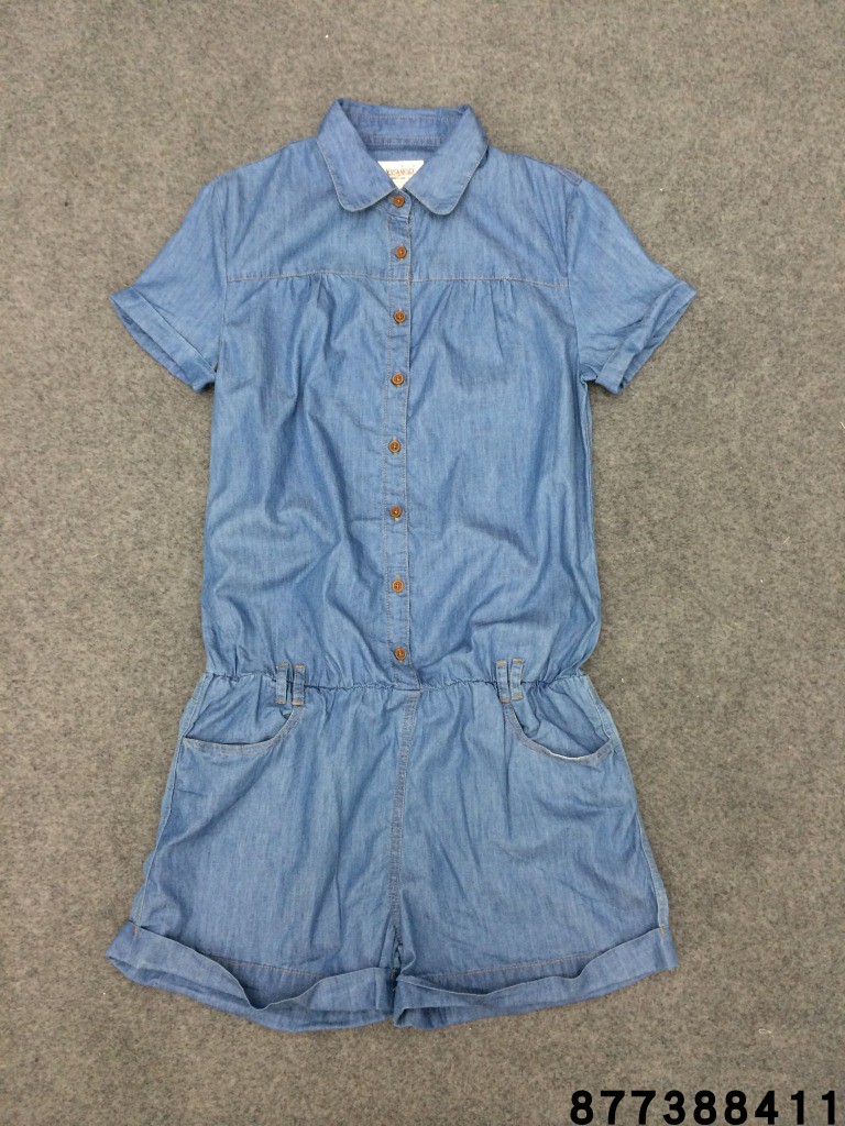 春夏季女装薄款翻领短袖衬衫式松紧收腰连体裤短裤休闲牛仔连衣裤