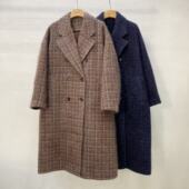 格纹西服领拉绒宽松山羊绒大衣双排扣长款 26春新款 复古风经典 外套