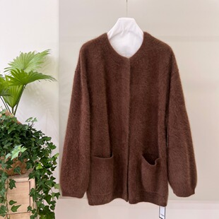2025春秋新品 加厚保暖拉绒排扣口袋中长款羊绒针织开衫大衣外套