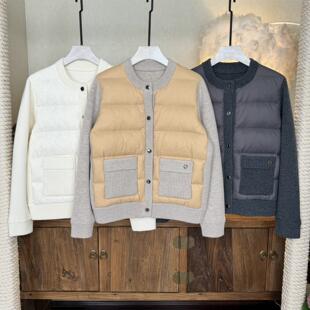 经典无领针织羊绒拼接90鹅绒开衫夹克轻薄羽绒服女箱式剪裁短外套