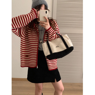 egg女装双拉链连帽针织开衫2025年秋冬慵懒风宽松毛衣外套上衣