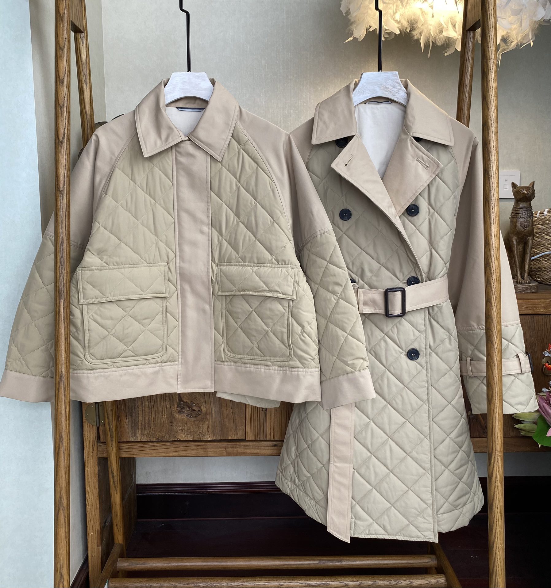 时尚大气23秋冬女装拼接绗缝棉服防水保暖中长款女风衣短夹克外套