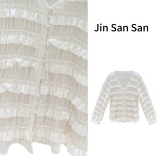 荷叶朵朵 薄纱百褶V领开衫 2026春季 长袖 上衣M2033 新款 金三三