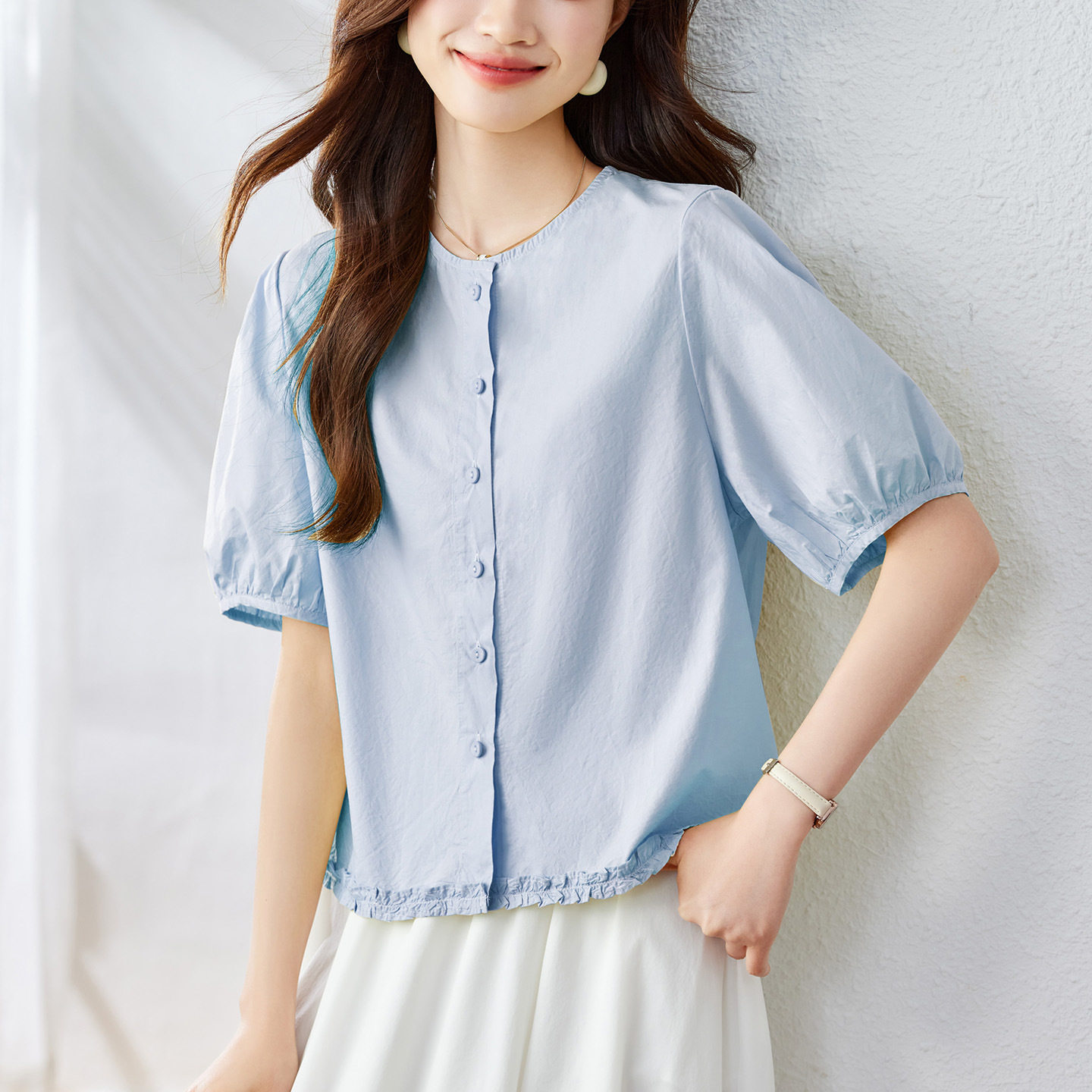花边圆领短袖衬衫女装2026新款夏季设计感宽松上衣小个子纯棉衬衣
