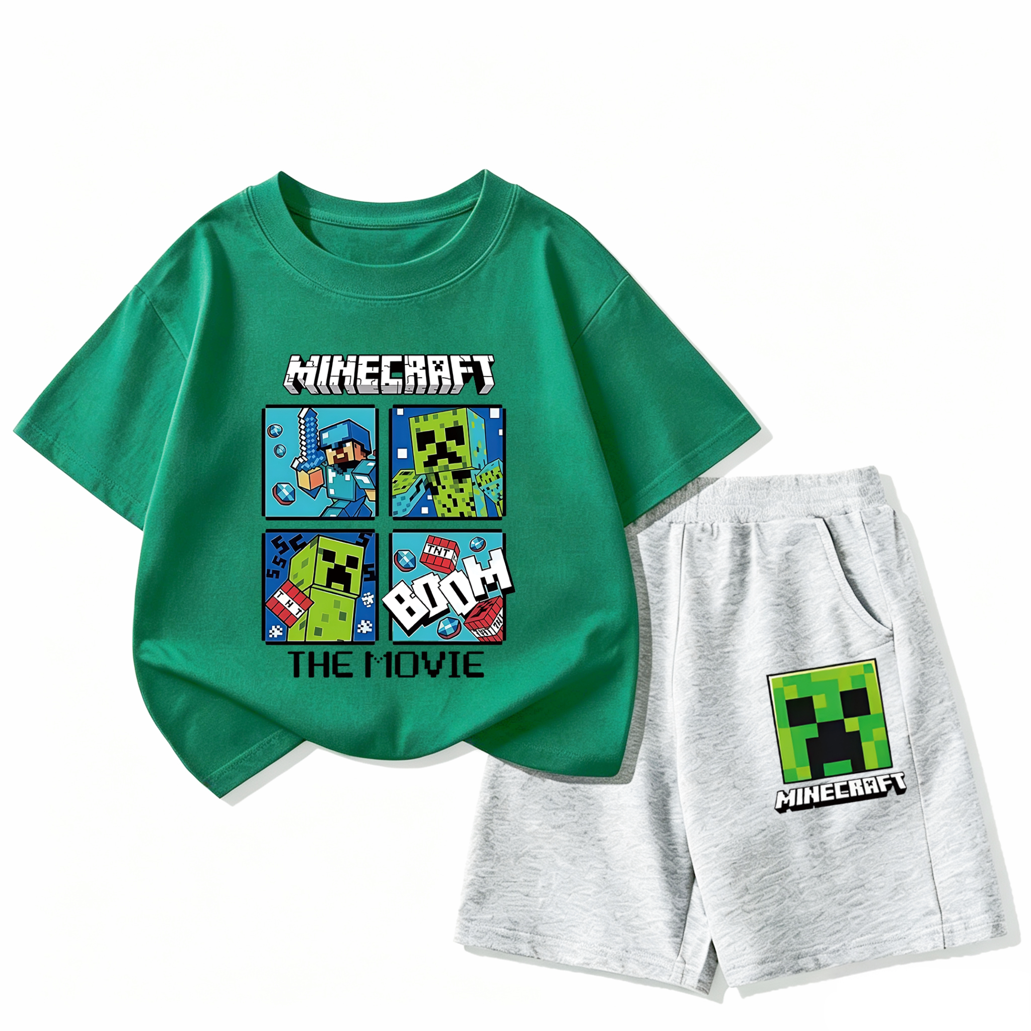 我的世界衣服男童拼色套装夏季儿童纯棉Minecraft短袖t恤短裤两件图片