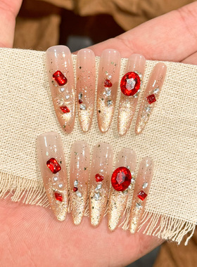 穿戴甲中长款手作高级感爆闪欧美猫眼美甲裸分爆闪红色锆石钻新年
