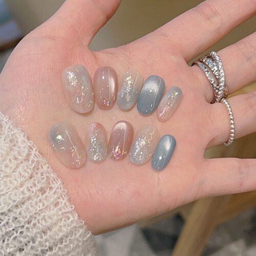 【青空粉雾】仙气云雾晕染幻彩猫眼手工穿戴甲中长款美甲2026新款