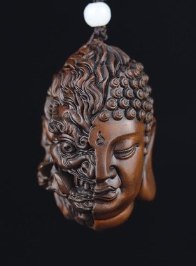 旧藏小叶黄杨木雕一念之间吊坠复古手把件男士随身把玩佛魔头挂件