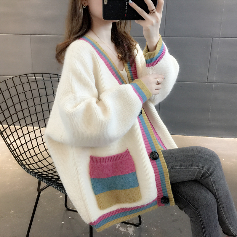 Net red sweater coat womens spring and autumn clothes in 2019 new Korean V-neck color matching sweater cardigan loose
