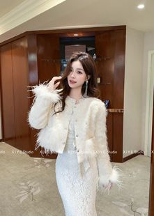 鸵鸟毛羽绒内胆小香风外套女秋冬2025新款爆款高级感亮片保暖上衣