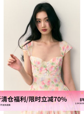 1P STUDIO【限时清仓 3折秒杀】彩色碎花包袖收腰低胸连衣裙短裙