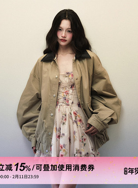 1P STUDIO 卡其绿撞黑色翻领宽松夹克外套女秋冬大版型廓形短外套