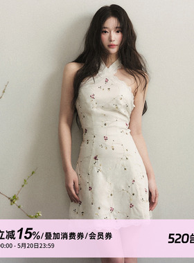 1PSTUDIO 白色蕾丝花边交叉挂脖连衣裙女夏季收腰挖肩无袖短裙子
